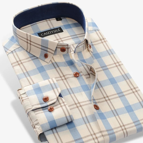 Camisa A Cuadros De Manga Larga De Algodón Para Hombre, Cami