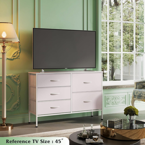Cómoda De Tela Para Dormitorio Con 5 Cajones Color Blanco