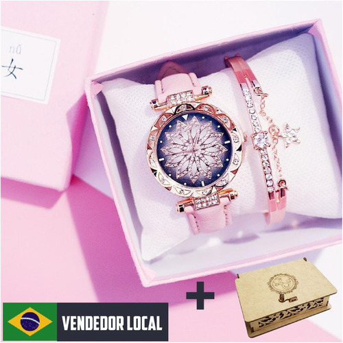 Relógio Feminino Dourado + Pulseira Brilhante + Caixa Mdf