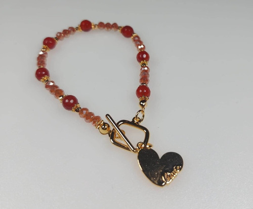 Pulsera De Oro Laminado Con Piedra Natural Color Rojo