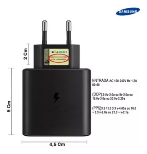 Carregador Compatível S22 S23+ S24 Ultra Turbo 45w Portátil Cor Preto