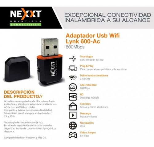 Receptor Wifi Nexxt Lynx 600 Usb 600mbps Pc Notebook