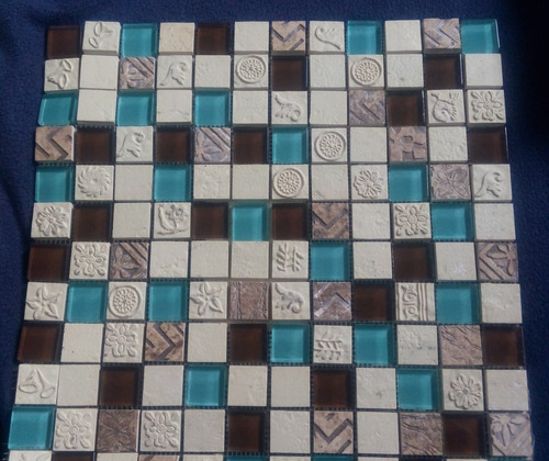 Mosaico Lístelo En Malla Beige, Marrón Y Azul Vitreo