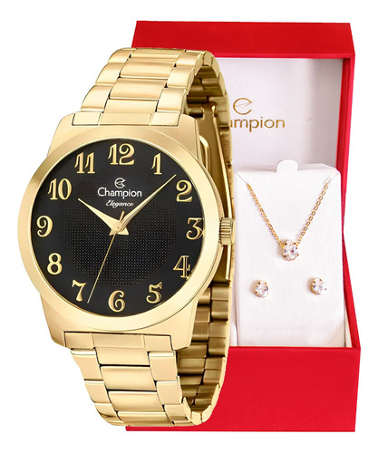 Relógio Champion Feminino Elegance Dourado Fundo Preto 
