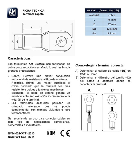 Terminal Zapata 1/0 Awg 1/2 10 Pzs Am-e