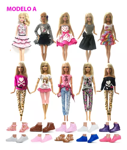 10 Conjuntos Roupas Boneca Barbie + 10 Sapatos Retos Tênis