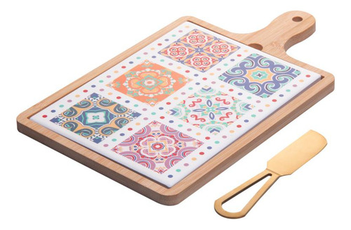 Conjunto Para Queijo Wolff De Bambu Com Tábua E Faca Dourada