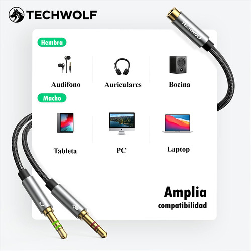 Cable Divisor Audio Para Auriculares 3.5mm En Y, Adaptador De Audio 2 Machos (audio + Micrófono) A 3.5mm Hembra Techwolf Cable Auxiliar De 3,5 Mm Para Pc Y Laptop 30cm De Longitud Color Gris
