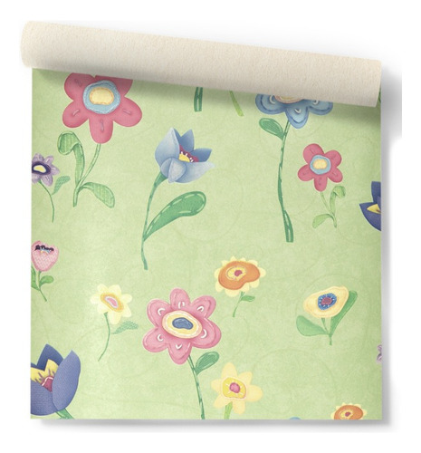 Papel Vinilizado F/ Verde Con Flores Cuentos Muresco 7809/1