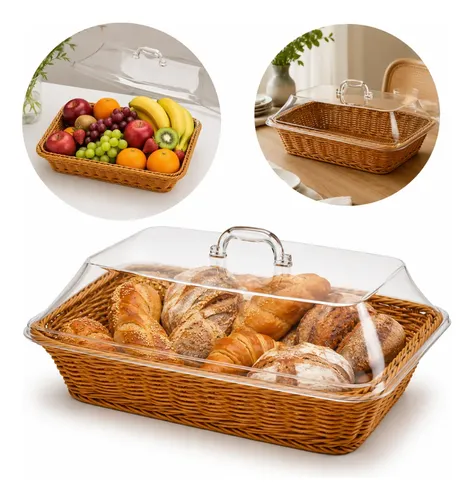 Cesta De Pão De Frutas Em Vime Sintético E Rattan Com Tampa Ratan Natural
