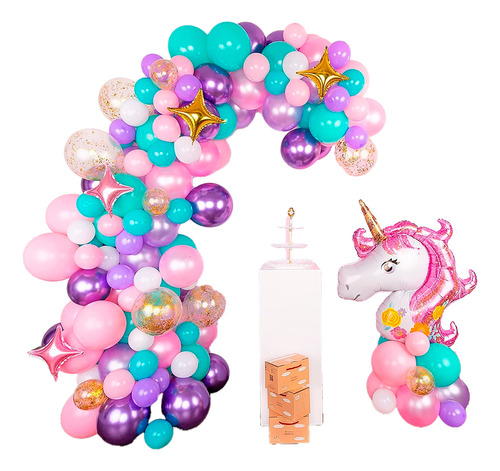 Kit Globos Rosado + Base 7 Globos + Mantel+ Globo Unicornio