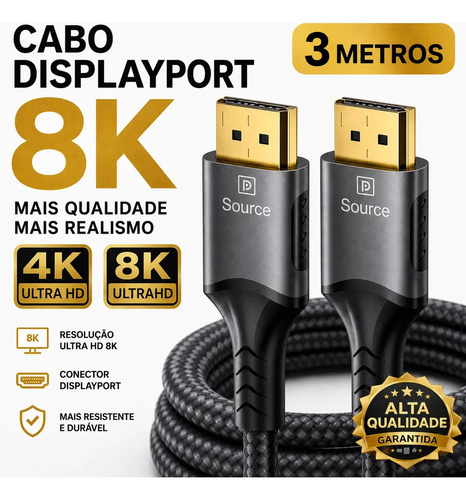 Cabo Displayport 1.4 8k 4k Full Hd Hdr 3 Metros Reforçado Alta Velocidade 60hz 240hz Compatível G-sync Freesync Pc Monitor Gamer Placa Vídeo