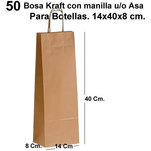 50 Bolsas Papel Kraft Para Botella Vino O Licor. 14x40x8. 