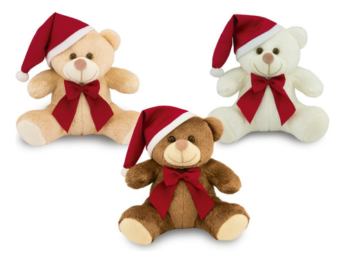 Kit 3 Ursos Pelúcia Papai Noel Natal 20cm - Decoração