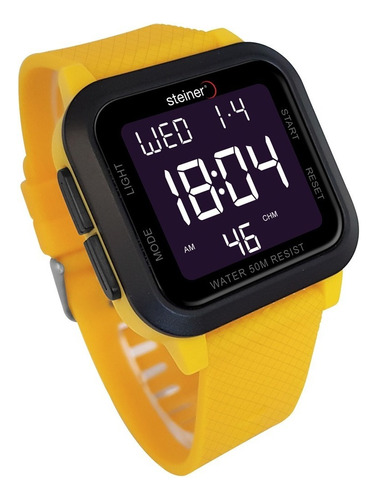 Reloj Steiner Deportivo Digital Para Hombre Impermeable 5atm Color de la correa Amarillo Color del bisel Negro Color del fondo Negro