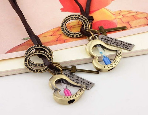 Collar Colgante Cuero Hombre Mujer Corazón Rosa Arena Moda