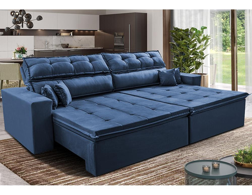 Sofá Retrátil E Reclinável 3,12m Luxos. Cama Inbox Velusoft Cor Azul