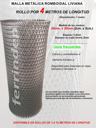 Imagen 3 de 10 de Malla Metálica Romboidal Tejido Cerco 20x50mm Rollo 1 X 4mts