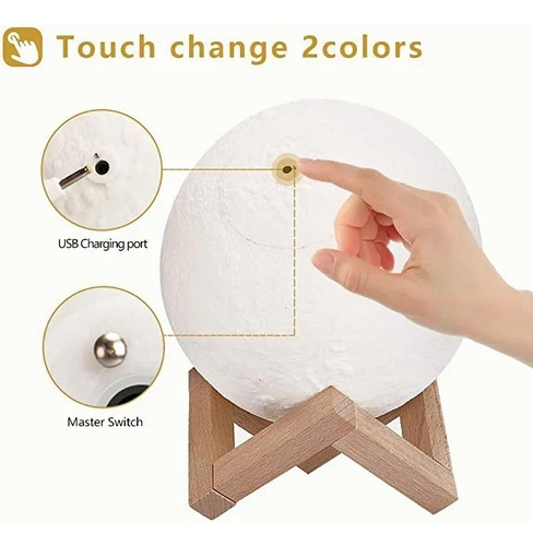Lámpara Luna Impresión 3d Control Táctil De Brillo