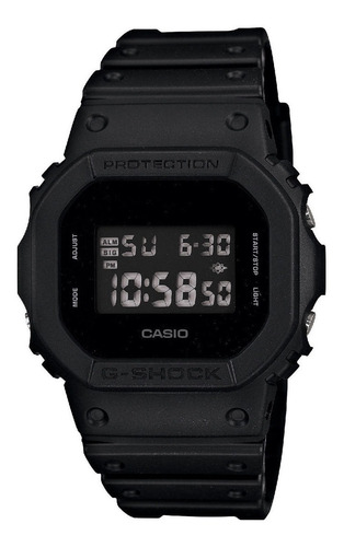 Reloj pulsera Casio G-Shock DW-5600 de cuerpo color negro, digital, fondo negro, con correa de resina color negro, dial gris, minutero/segundero gris, bisel color negro, luz azul verde y hebilla simple