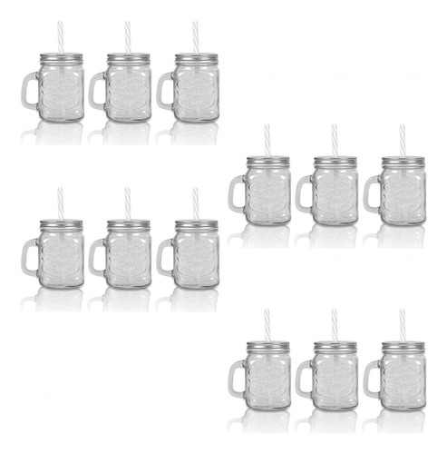 Kit 12 Jarrinhas Vidro Tampa Metal Canudo De Vidro 480ml Cor Prateado