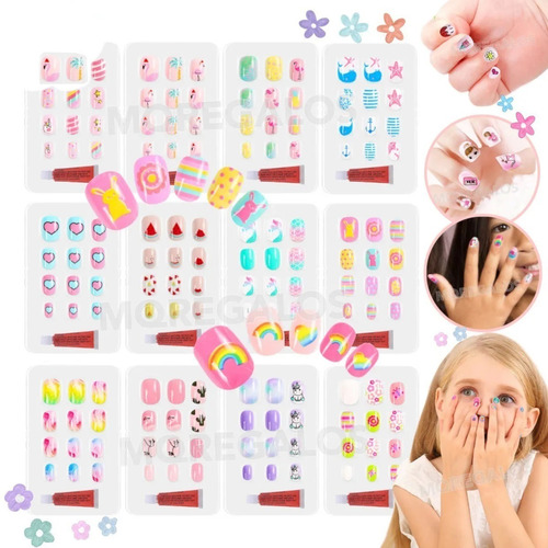 Uñas Postizas X360 Para Niñas Infantil Estampada + Pegamento