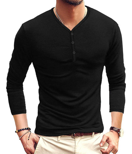 Polera Henley De Manga Larga Con Base De Color Liso De 202