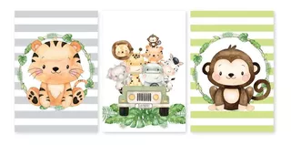 Kit 3 Quadros Placas Decorativas Safari Infantil Selva 30x20