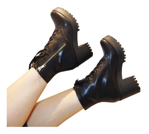 Bota Feminina Tratorada Cadarço Bota Cano Curto Salto Grosso | Mercado Livre