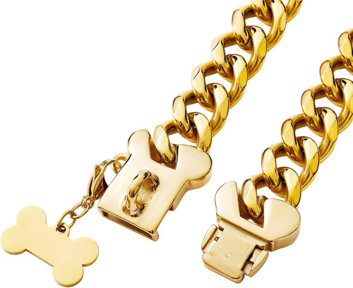 Collar De Perro De Acero Inoxidable Dorado Con Eslabones Cub