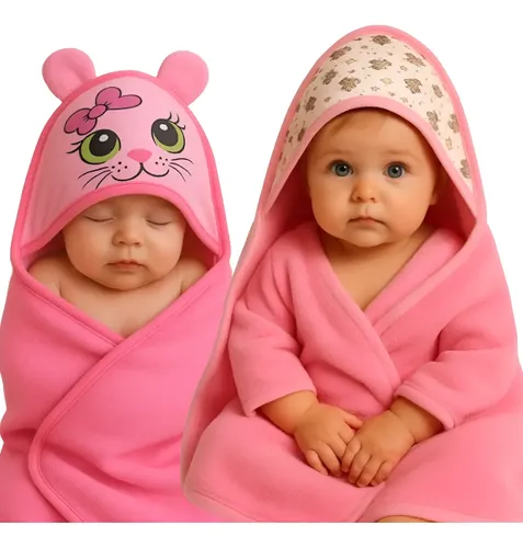 Kit 2 Toalhas De Banho Bebê Com Capuz E Orelhinha Infantil Rosa