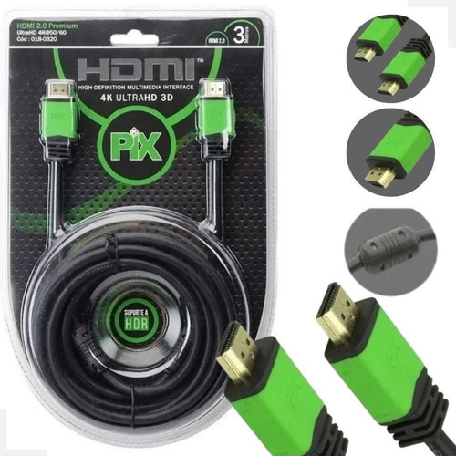 Cabo Hdmi 19 Pinos 3 Metros 2.0 4k Ultra Hd 3d Uhd C/ Filtro