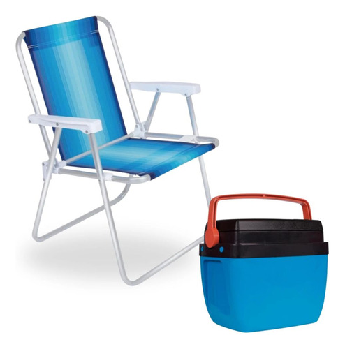 Cadeira De Praia Aluminio + Caixa Termica Cooler 12 Litros