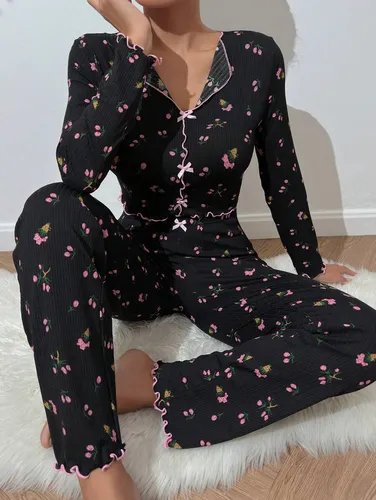 Conjunto Casual De Ropa De Dormir De Manga Larga Enrollada C