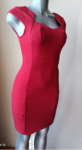 Vestido Rojo Entallado Relieve Mediano Duo Cuello Asimétrico