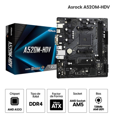 Placa Madre Asrock A520m-hdv Am4, Ddr4 Matx