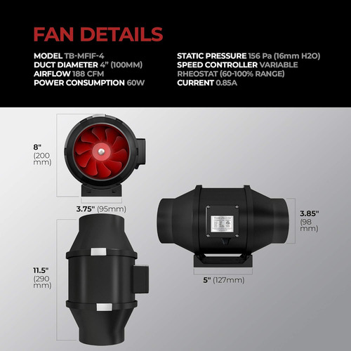 Ventilador En Línea Terrabloom De 4 Pulgadas (100 Mm) - V...