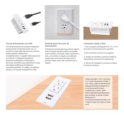 Regleta de alimentación empotrada con puertos USB para escritorio, toma de  corriente de escritorio, 4 salidas de CA, 2 puertos USB para gabinete de