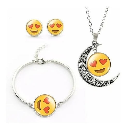 Set Collar Pulsera Aretes Emoticon Emoji Luna Corazón Mujer