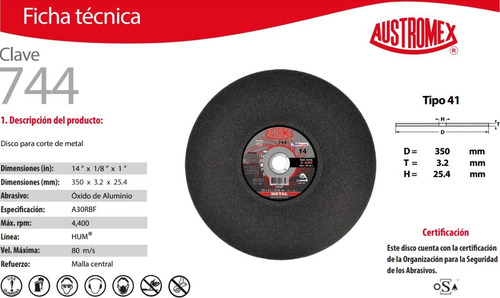Disco De Corte 14x1/8x1 Austromex 744 Metal Sólido Hum 25pza