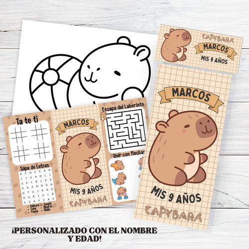 Tríptico Interactivo Para Colorear Souvenir Cumpleaños X10 Capibara Marron