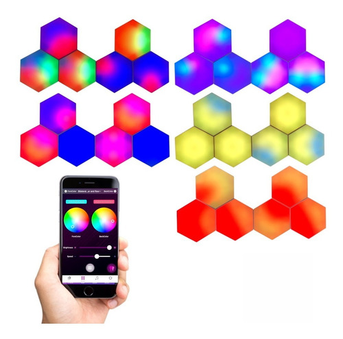 Kit 18 Lamparas Led Hexagonal Rgb Decoración Control App Voz