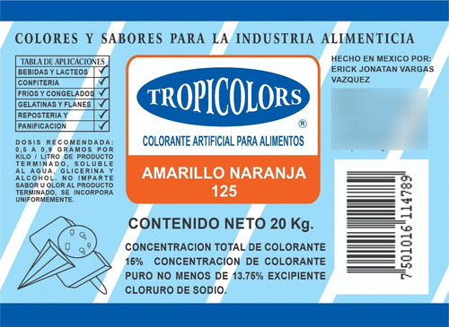 Tropicolors Colorante Amarillo Naranja 125 Cubeta 20 Kg. 