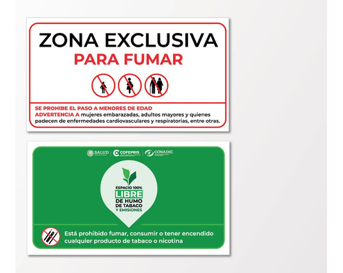 2 Señales Zona Exclusiva Para Fumar Espacio 100% Libre Humo