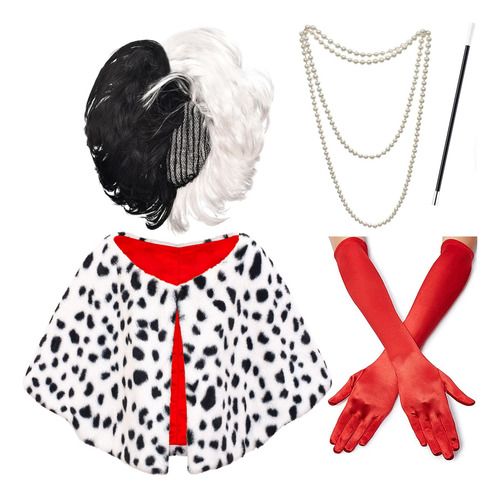Disfraz De Halloween Para Mujer 2022, Peluca Blanca Y Negra, Guantes Rojos, Bufanda De Chal Dálmata, Accesorios De Collar, Disfraz De Disfraz
