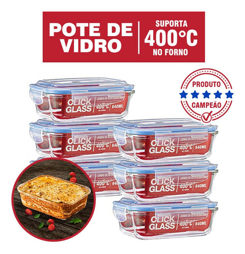 Kit Com 6 Potes De Vidro Click Glass Premium 100% Herméticos