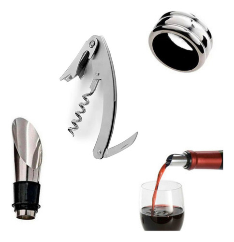 Kit Para Vinho 3 Peças Saca Rolhas Anel Anti Gotas E Bico Arejador