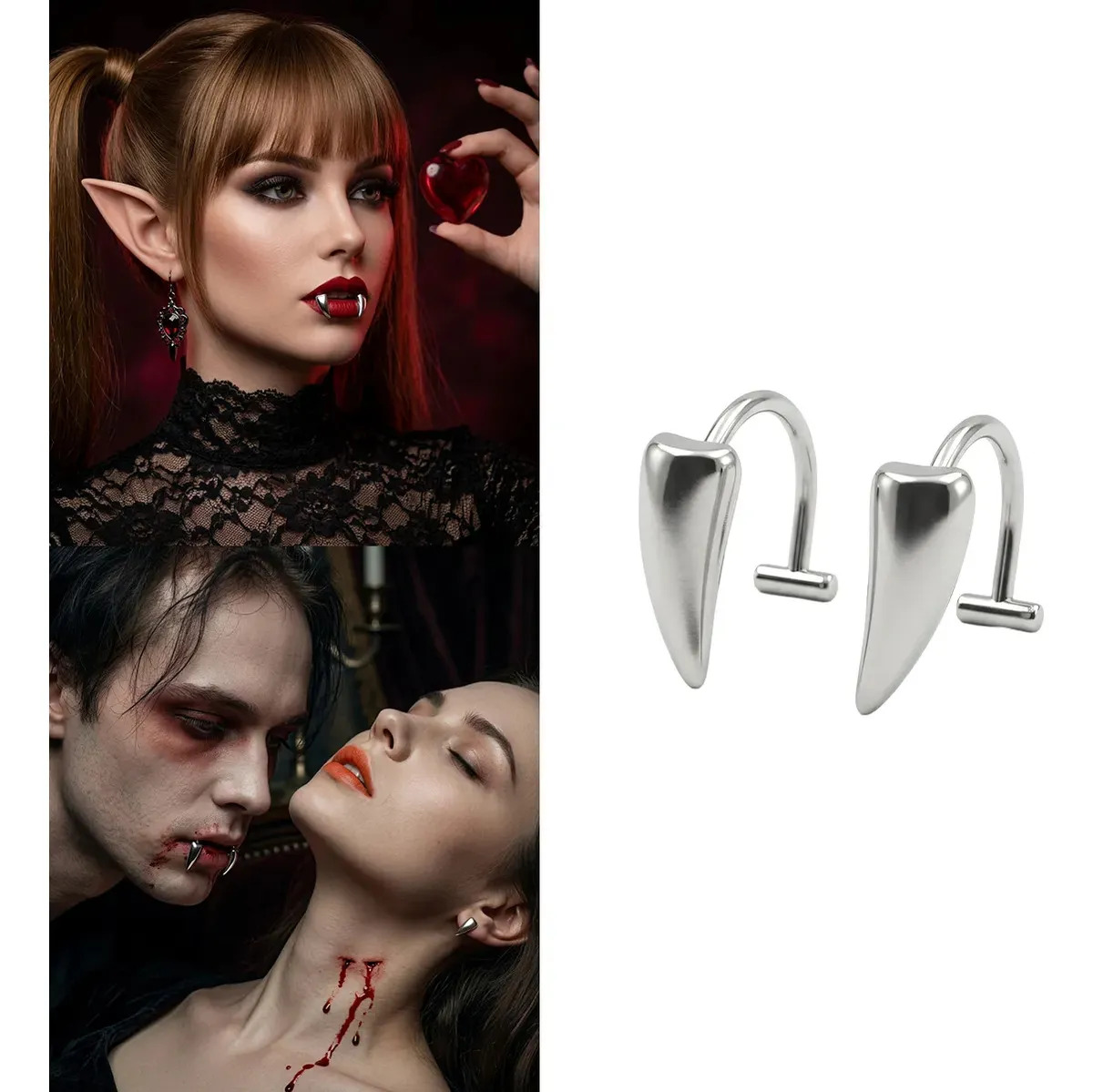 Dientes de Vampiro Falsos Wiknices de Acero Inoxidable Plateado para Cosplay