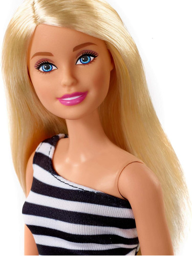 Boneca Barbie Fashion Loira Com Vestido Listrado Preto