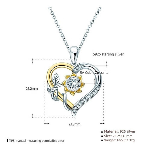 Imagen 4 de 7 de Collar Plata Fina 925 Corazon Girasol Moissanita Baño Oro
